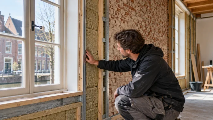 Specialist controleert de aansluiting van binnenmuurisolatie rond een raam in een bestaande woning.
