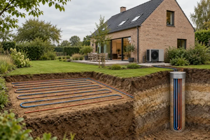 Lucht-waterwarmtepomp naast een woning met een illustratie van horizontale en verticale bodemlussen.