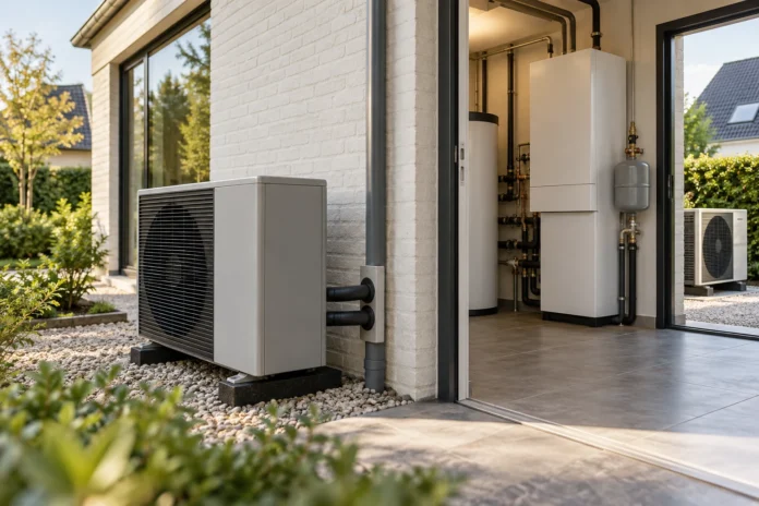 Buitenunit van een monoblockwarmtepomp met leidingen naar een technische ruimte in een Europese woning.