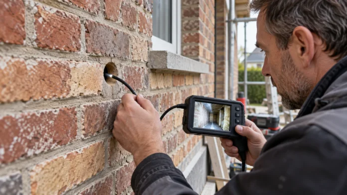 Vakman controleert een spouwmuur met een endoscoop vóór de isolatiewerken.